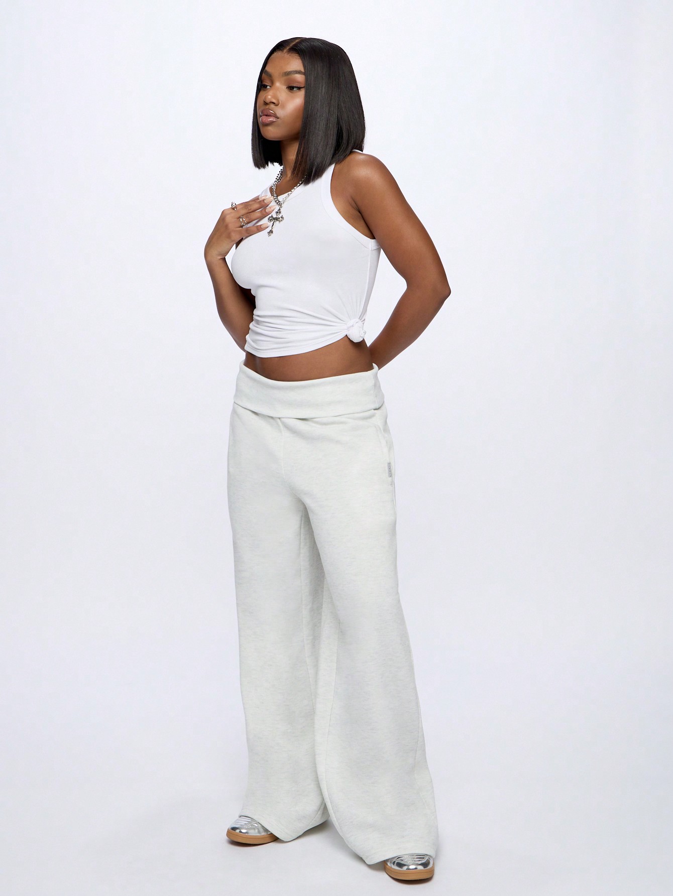 SUMWON WOMEN Ultra Soft Wide Leg Sweatpants With Fold Over