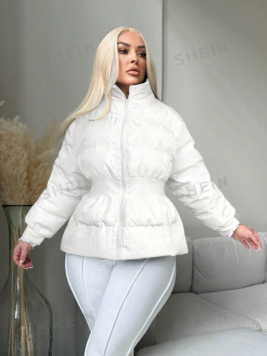 SHEIN SXY Chaqueta de mujer talla grande con cuello alto, cintura acanalada y parches, cómoda y casual, para otoño/invierno