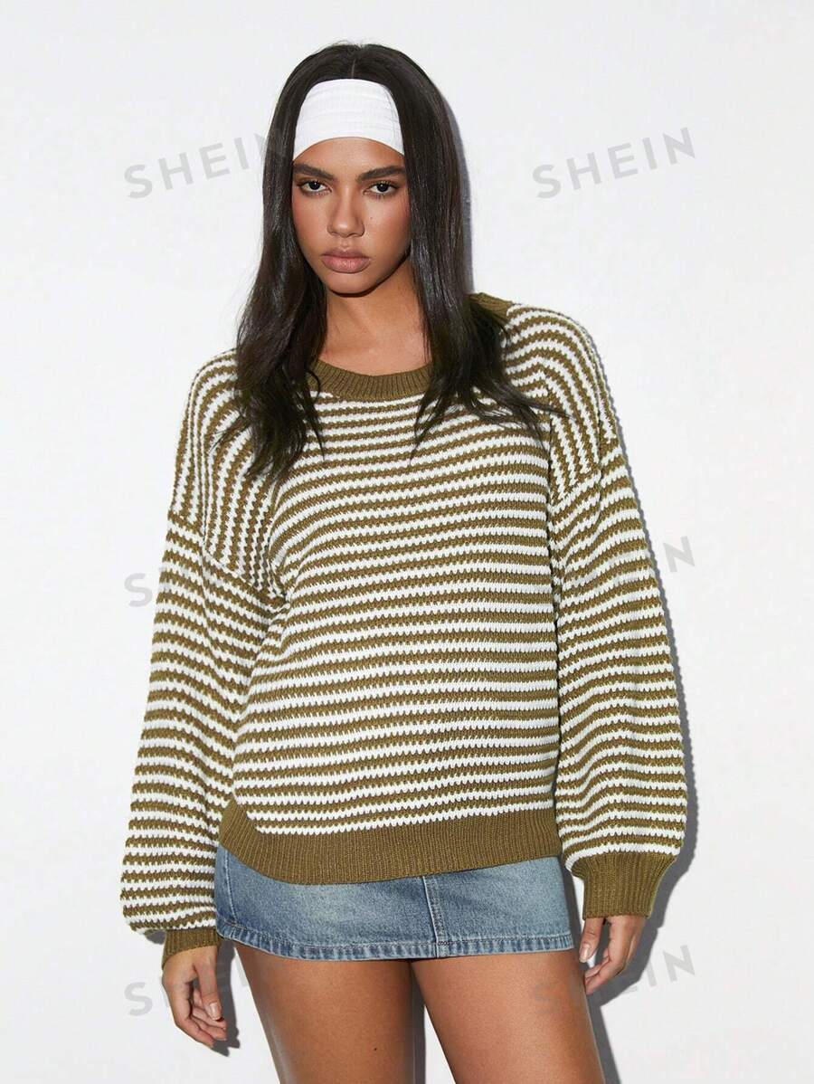 Flirla 1 pieza Suéter de cuello redondo de punto con textura y bloques de color casual y versátil de color caqui para mujer, otoño/invierno