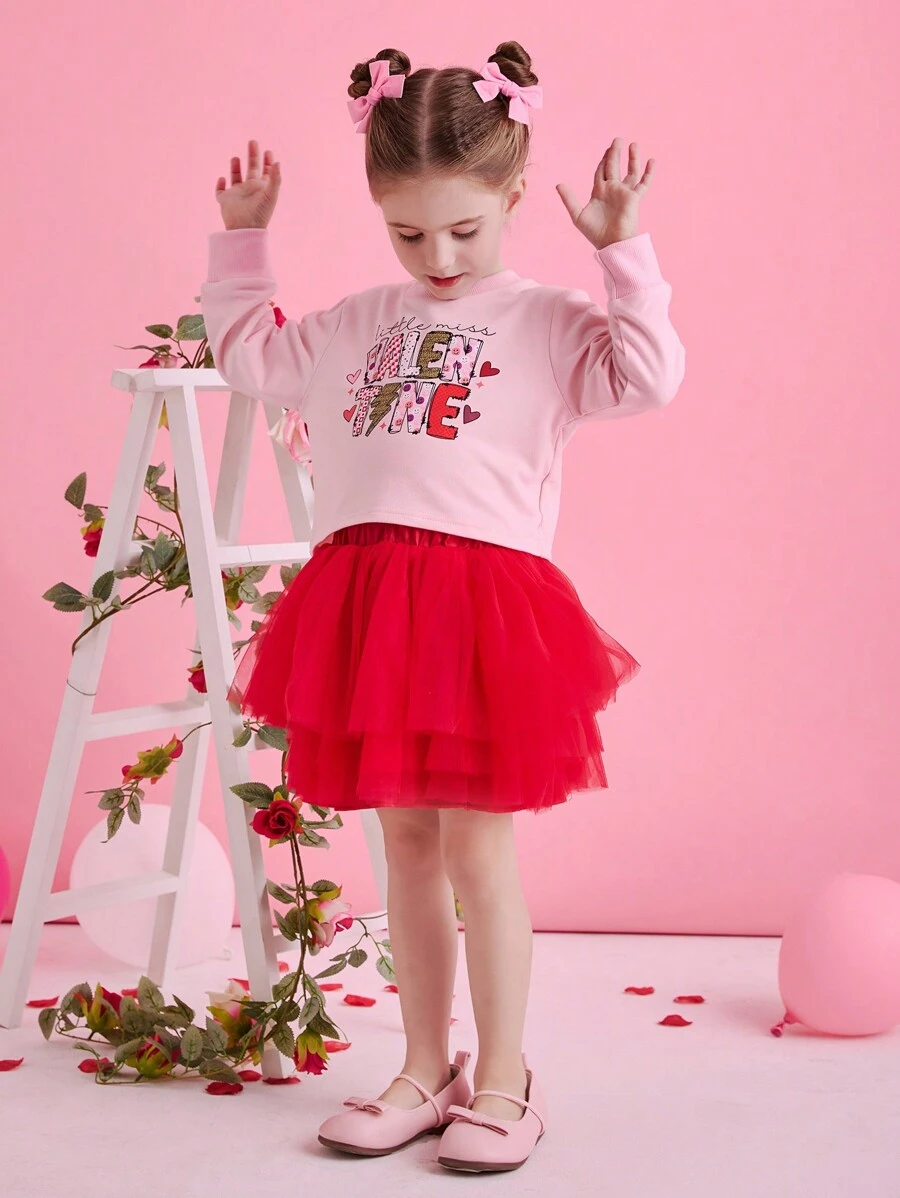 Glamorique Kids Girls Valentine's Day Pink Graphic Top Paired With Red Multi-Layer Tulle Dress