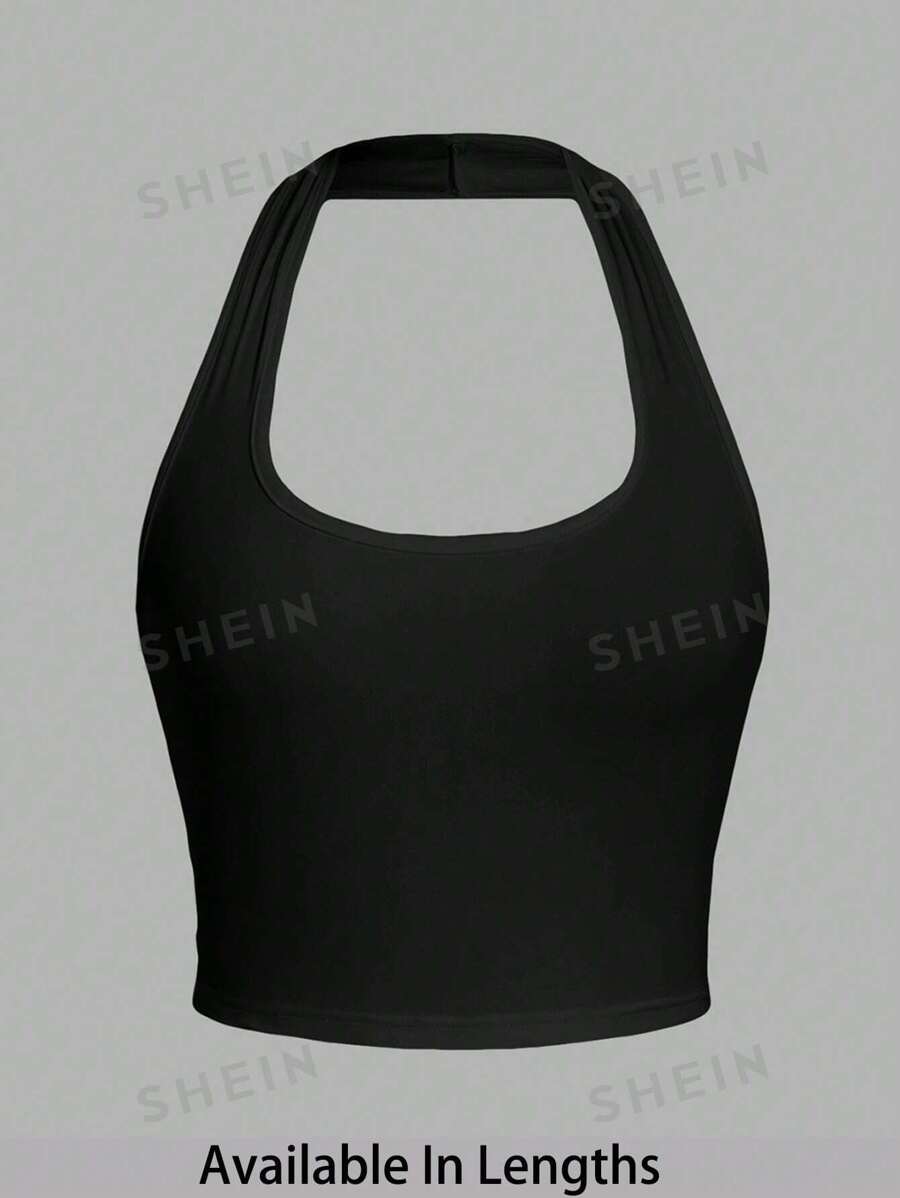 SHEIN Tall CURVE Top de tirantes ajustado estilo casual minimalista de unicolor con cuello de halter y talle corto para mujeres de talla grande, adecuado para el verano