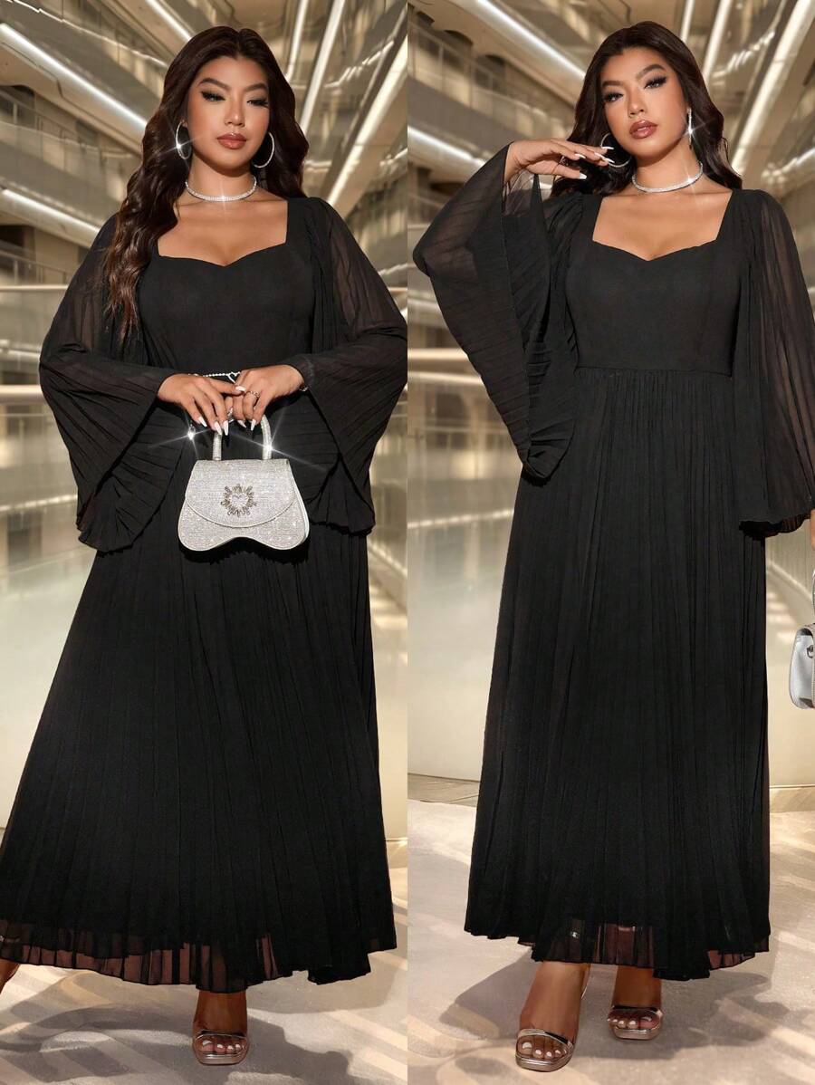 Allurite Plus Size Elegant Banquet Strapless Square Collar Flared Waist Slim Long Black Dress With Inner Lining, Pleated Pearl Chiffon Long Sleeve, For Spring/Autumn Maxi Women Outfit