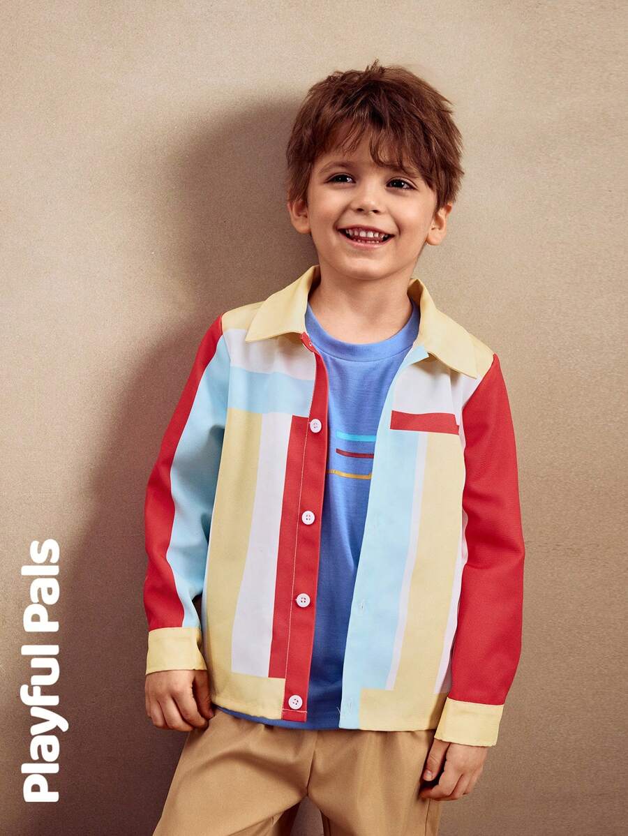 SHEIN 1 Pc Young Boys' Denim Jacket, Colorful Striped Contrast Stitching, Casual Basic, Cute/Retro Style Suitable For School And Outdoor, Spring
