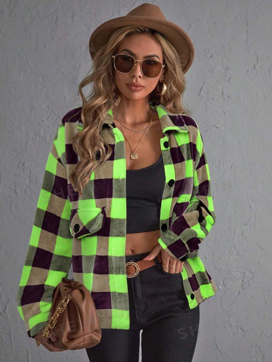 SHEIN LUNE Chaqueta casual de mujer con cierre de botones delantero, manga larga, bolsillo y estampado a cuadros, para uso diario