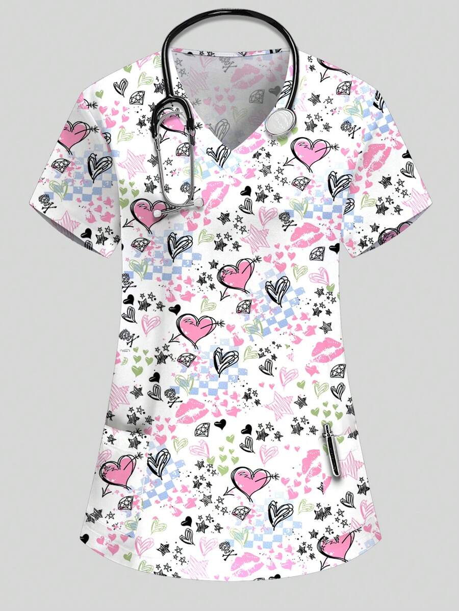 PopScrub Top de estampado de labios, flechas de amor y estrellas con cuello en V y manga corta, estilo de enfermera/médico, uniforme de examen/cirugía; Top de unicolor para peluquería de mascotas; Top de uniforme de nutricionista con múltiples bolsillos, blusa funcional de trabajo, prenda de mujer de moda, conjunto funcional de mujer para vacaciones, Día de San Valentín