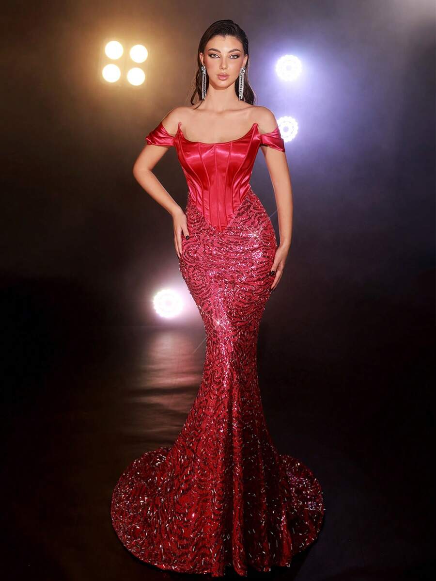 Glamrae Elegant, Gorgeous And Sexy Rose Red Fine Sequins And Sequins Are Stitched With Elastic Satin One-Shoulder Shape Chest Horn Herring Bone V-Shaped Slim Mermaid Floor-Length Skirt Suitable For Dinner Bachelor Party Date Prom Wedding Evening Dress