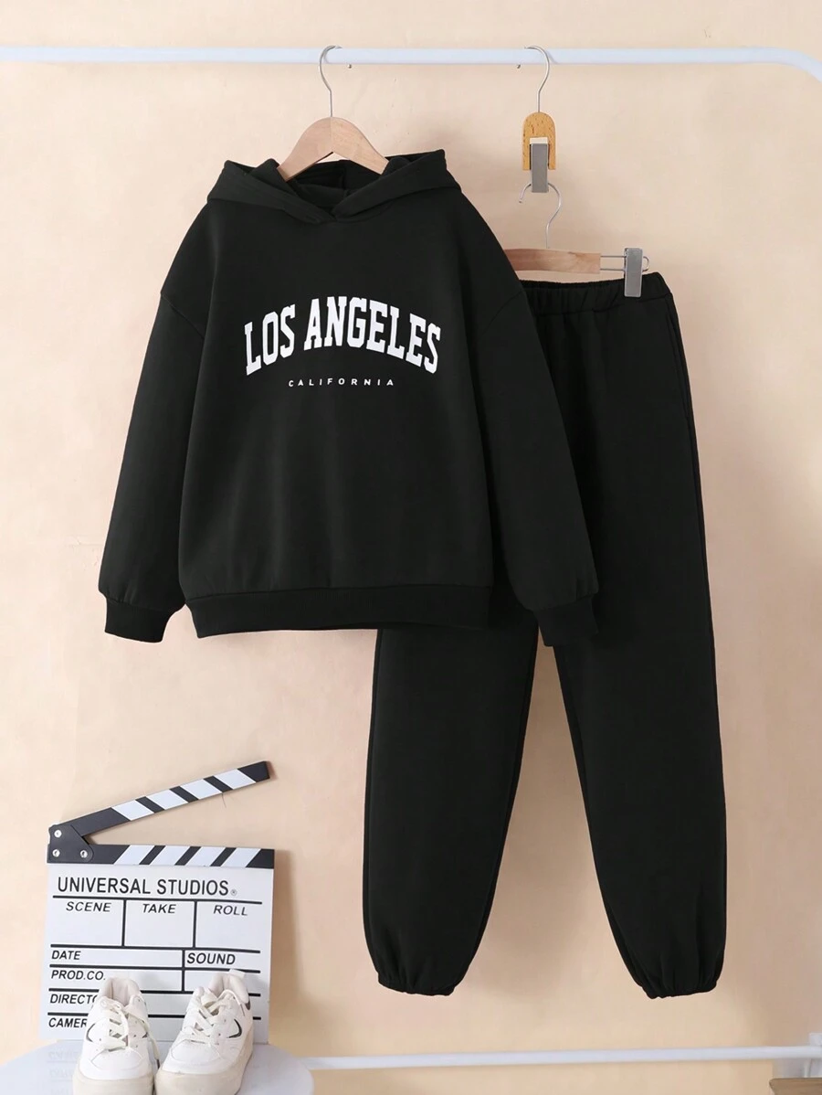 Conjunto de 2 piezas para niñas preadolescentes con top tipo sudadera suave y cómoda, minimalista, y pantalones con cordón