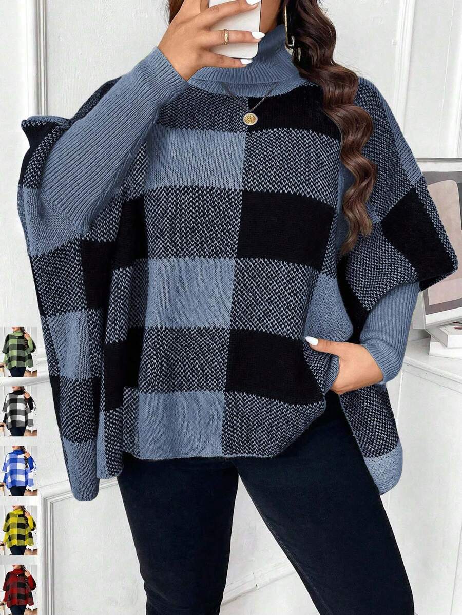 Celure Plus Size High Neck Long Sleeve Plaid Simple Casual Pullover Sweater