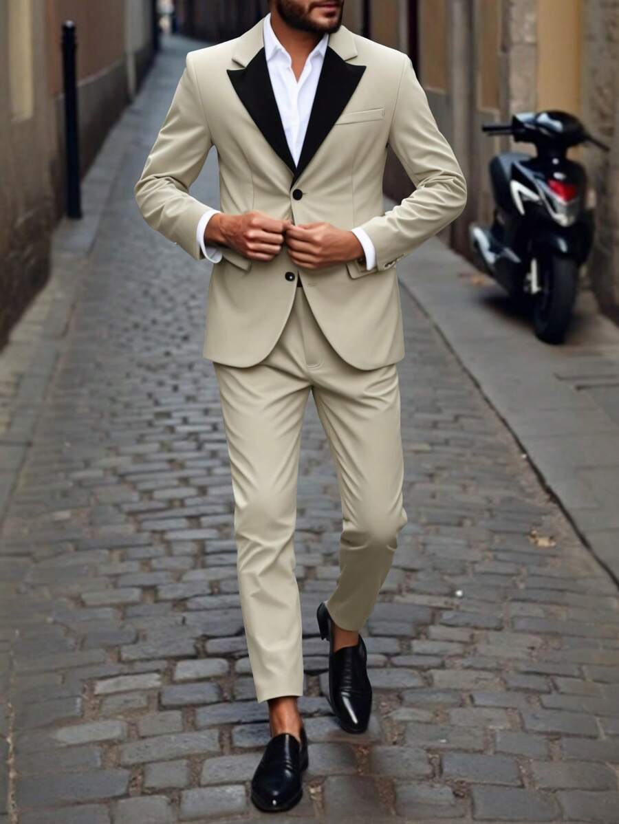 Manfinity Mode Conjunto de chaqueta de traje de manga larga con botones delanteros de dos tonos y pantalones de bolsillo de traje Manfinity Mode, traje de hombre color albaricoque claro, regalo para el novio