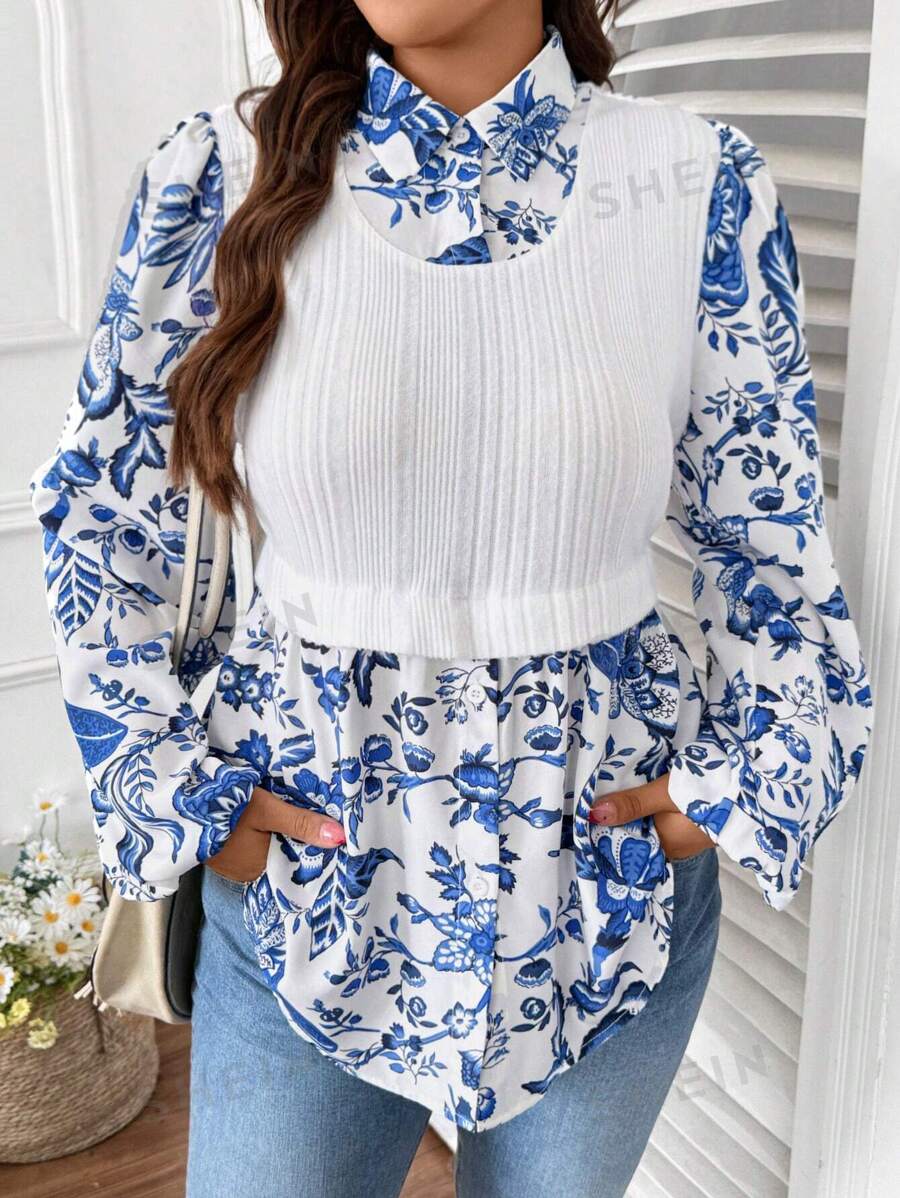 SHEIN VCAY Blusa casual de manga larga de talla grande para mujer con diseño 2 en 1 empalme, atuendo romántico para el Día de San Valentín para uso diario
