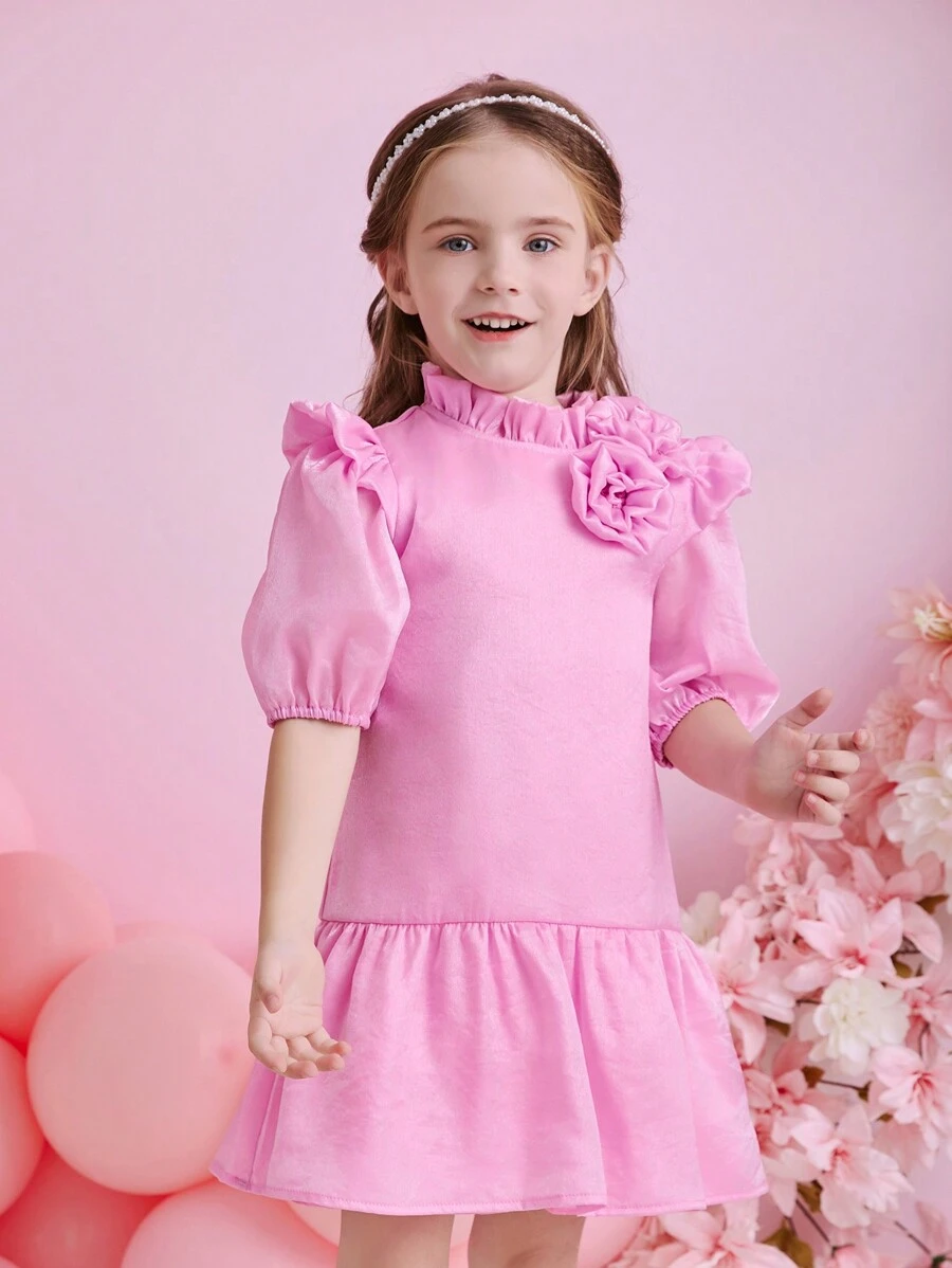 Glamorique Kids Valentine's Day Fashion Young Girls Organza Reflective Material Ruffle Collar Short Sleeve Dress, Suitable For Daily Or Special Occasions