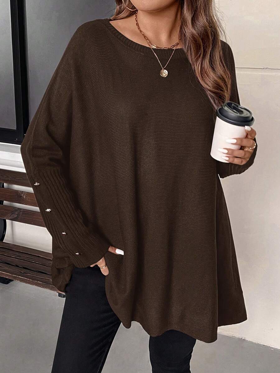 EMERY ROSE Plus Size Winter Loose-Fitting Sweater Pullover With Metal Button Design On Cuffs, Suitable For Going Out, Vacation, Workwear, And Home