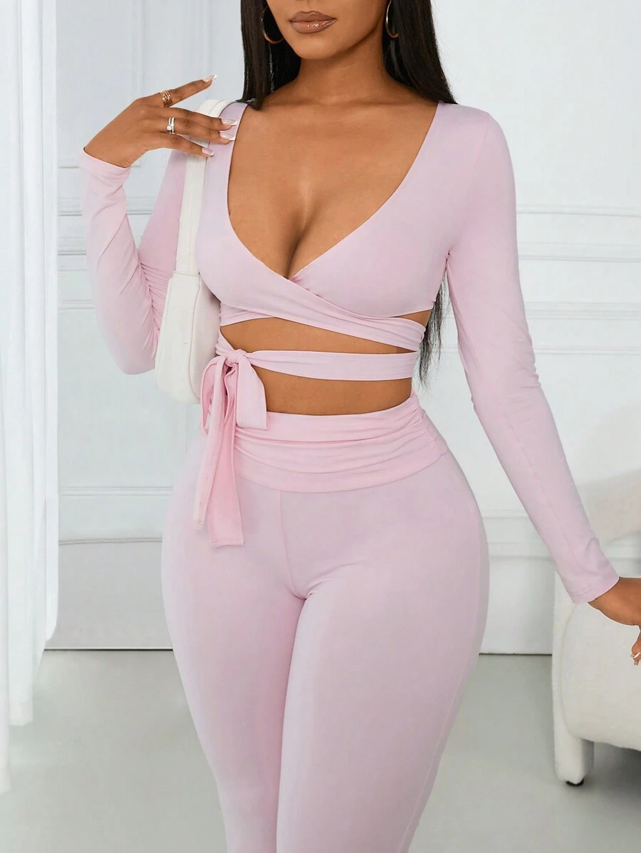 VaVaBold 2pcs Suit Set: Comfortable Casual V-Neck Cross Straps Bowknot Long Sleeve Top & Ruched Waist Leggings, Pink