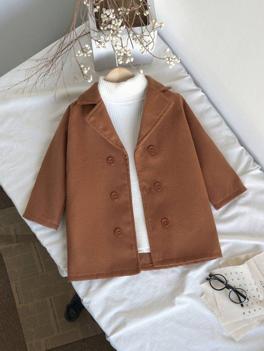 SHEIN Baby Boys Casual Reversible Double-Breasted Jacket With Lapel Collar, Warm Outerwear For Autumn/Winter, Suitable For Outdoor & Party Occasions