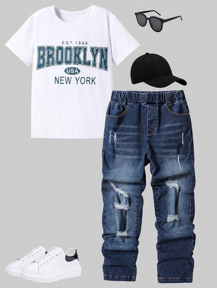 SHEIN 2 pièces Ensemble décontracté pour garçon préadolescent incluant un t-shirt et un jean déchiré, pour le printemps/été
