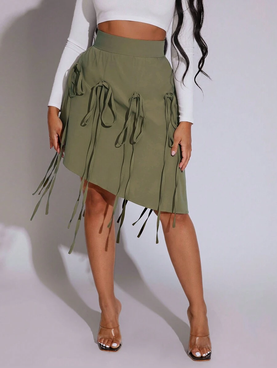 BamGleam Women Solid Color High Waist Front Tie Casual Asymmetrical Skirt