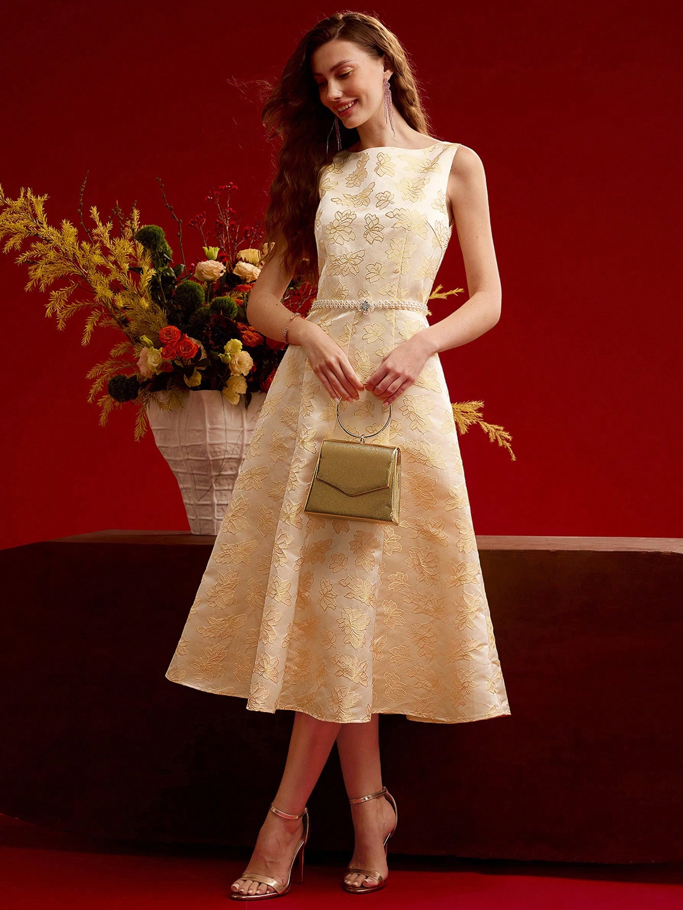 ワンピース Floral Cut Jacquard Sleeves A-Line Dress Floral Jacquard Short A-Line Dress | David's Bridal
