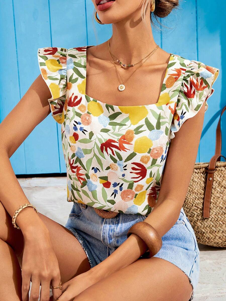 SHEIN VCAY Woven Print Square Neck Cap Sleeve Fitted Oversized Women's Shirt, Summer Clothes, Vacation Outfits Woman, Beach Outfits For Woman, Festival, Romantic And Elegant Clothing, Bohemian, BOHO, Sweet, Rave Outfits Festival, Tropical Vacation Woman Clothes, Carnaval