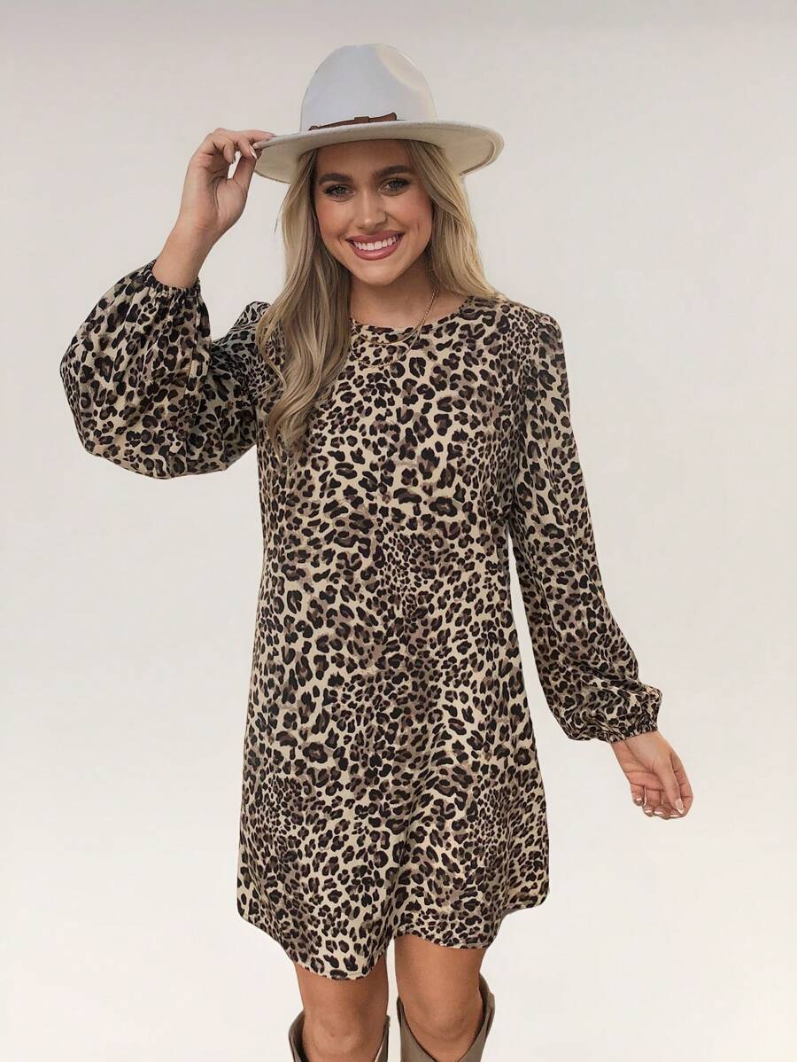 SHEIN LUNE Women's Spring And Summer Leopard Print Lantern Sleeve Loose Straight Dress