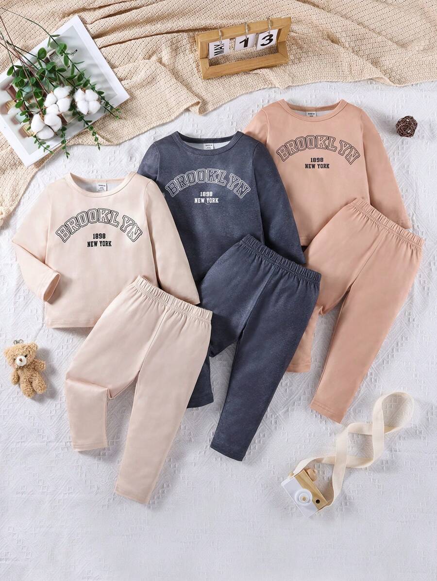 SHEIN Ensemble de 2 pièces pour bébé fille, Top à manches longues imprimé lettres assorti avec leggings, tenue casual pour automne/hiver