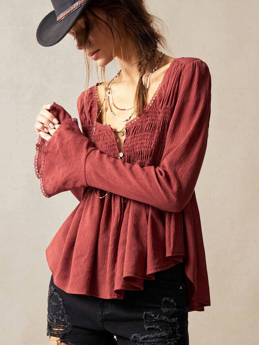 Bohemela Vacation Casual Solid Color Woven Cut-Out V-Neck Long Sleeve Blouse For Women Western Wear Women Festival Boho Hippie