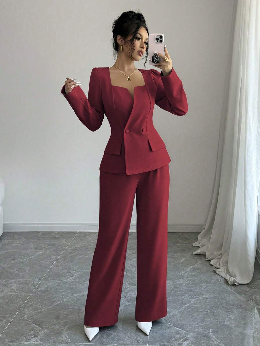 Elenzga Apricot Elegant Long Sleeve Square Collar Waisted Short Jacket + High Waist Long Pants Set, Early Autumn