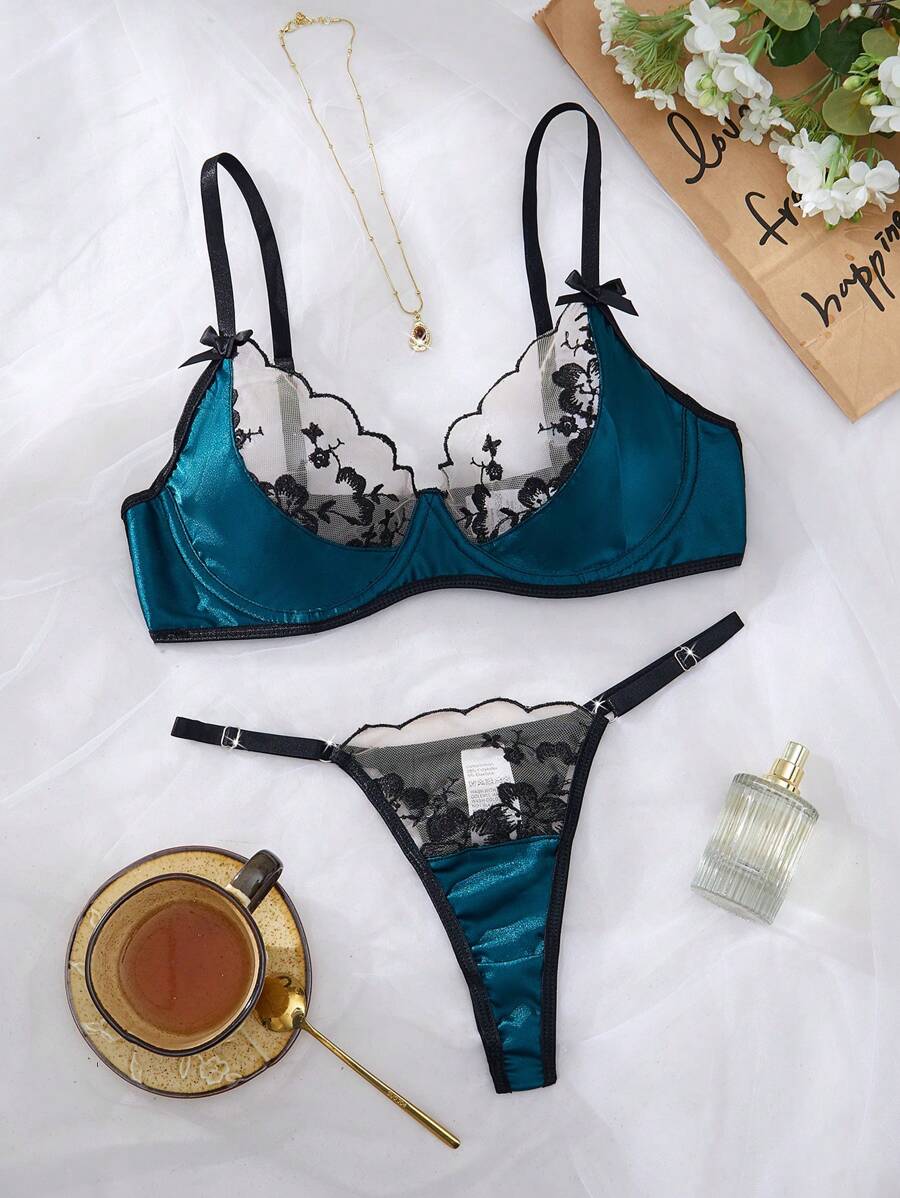 2 piezas Conjunto de lencería elegante de mujer con bordado floral de malla