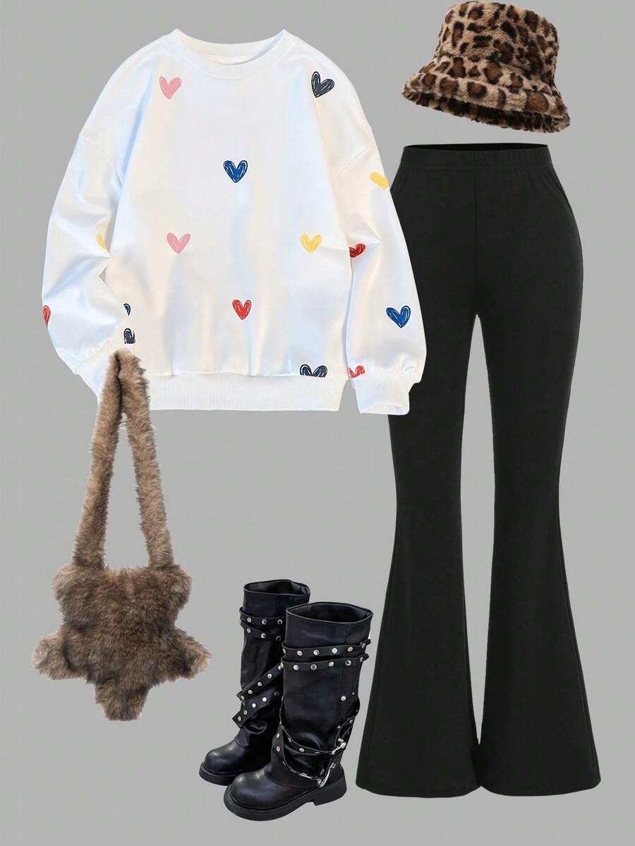 Tween Girl Casual Colorful Heart Handpainted Loose Oversized Round Neck Dropped Shoulder Hoodie And Skinny Flare Pants Set, Suitable For Home, Outdoor, And School
