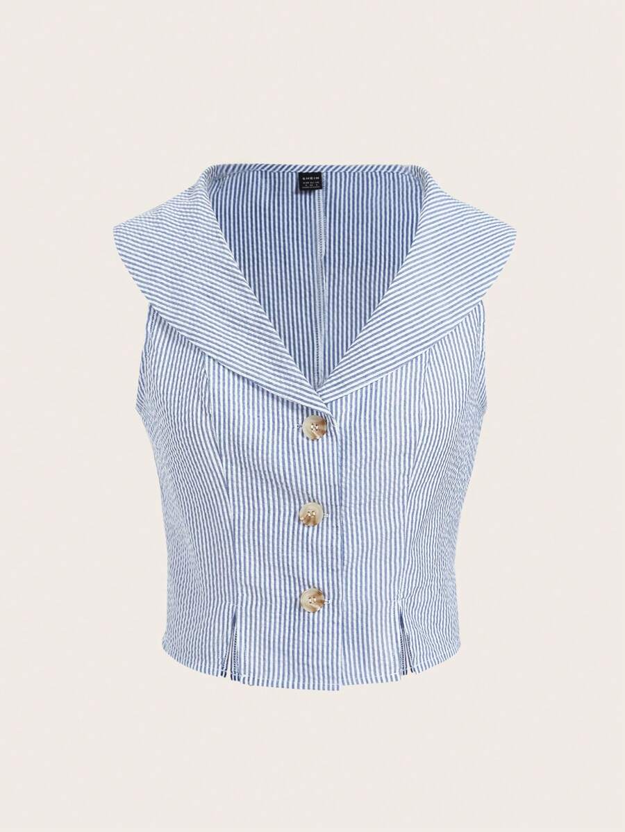 SHEIN MOD Women Front Button Sleeveless Striped Casual Blouse