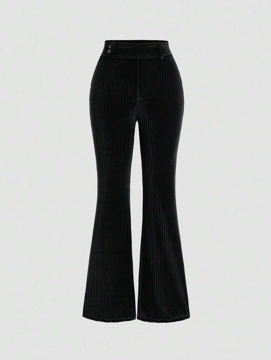 Flirla Women's Solid Color Button-Decorated Casual Velvet Flare Pants