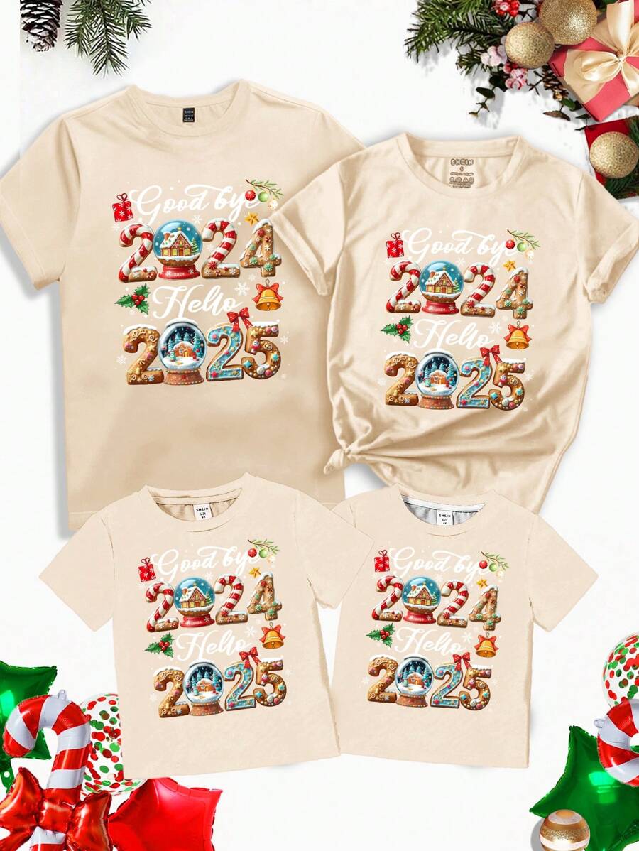 Manfinity Homme 2025 New Year Element Letter Print Casual Family Matching Tee, Single Item Khaki Crew Neck Short Sleeve T-Shirt, Men Regular Fit Suitable For Couples, Family Combination Outfit