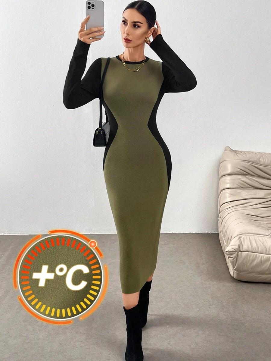 Mulvari 1 pieza Vestido de punto ajustado con bloque de color y empalmes para mujer, estilo urbano para el otoño/invierno