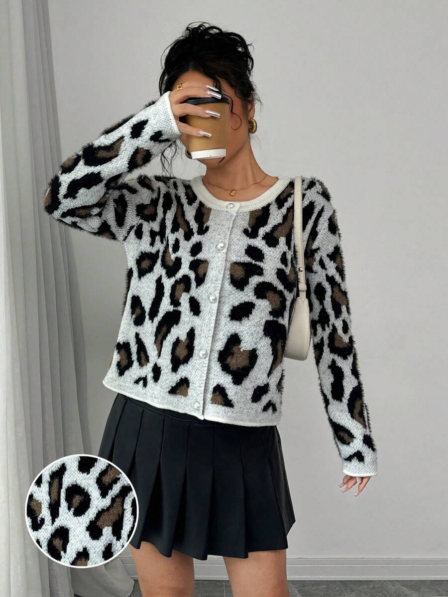 Chiquease Women Leopard Print Round Neck Pearl Button Front Long Sleeve Knit Casual Cardigan