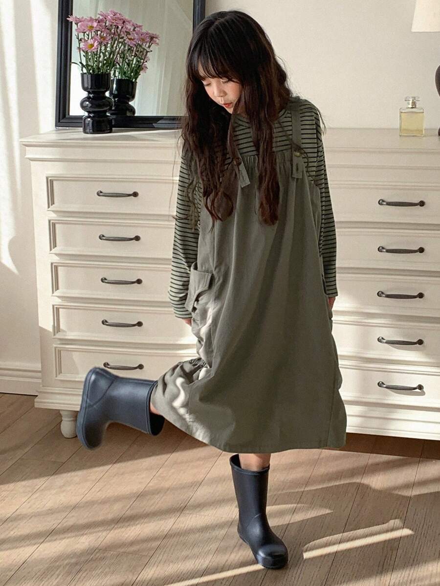 DAZY Set de 2 piezas: Top de manga larga a rayas de punto talla grande vestido de tirantes tejido para niñas preadolescentes, ropa de primavera/verano, tallas grandes, ropa de vuelta al colegio