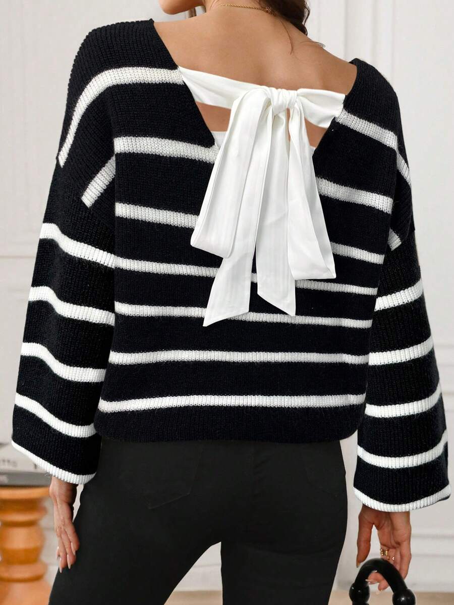 SHEIN LUNE V-Neck Open Back Tie-Up Striped Casual Commuting Outdoor Knitted Sweater For Women, Warm For Autumn/Winter
