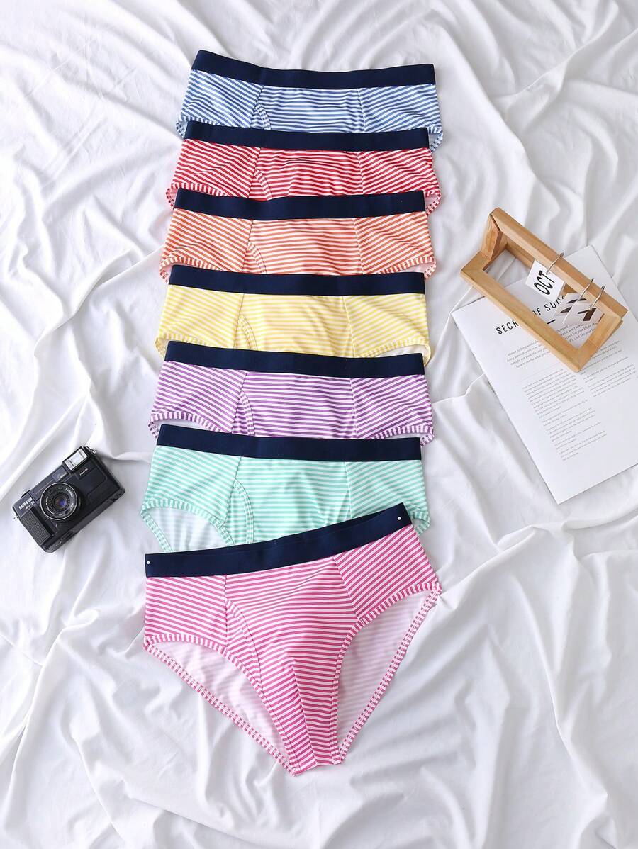 7pcs/Pack Milk Silk Stripe Casual Briefs With Waistband, Underwear For Teens