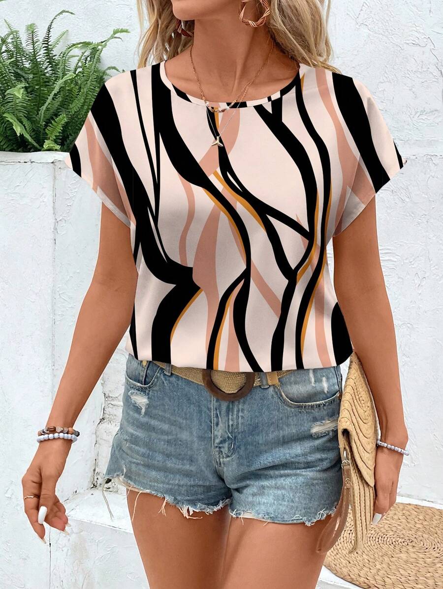 EMERY ROSE Striped Pattern Casual Minimalist Round Neck Blouse For Women, Suitable For Summer