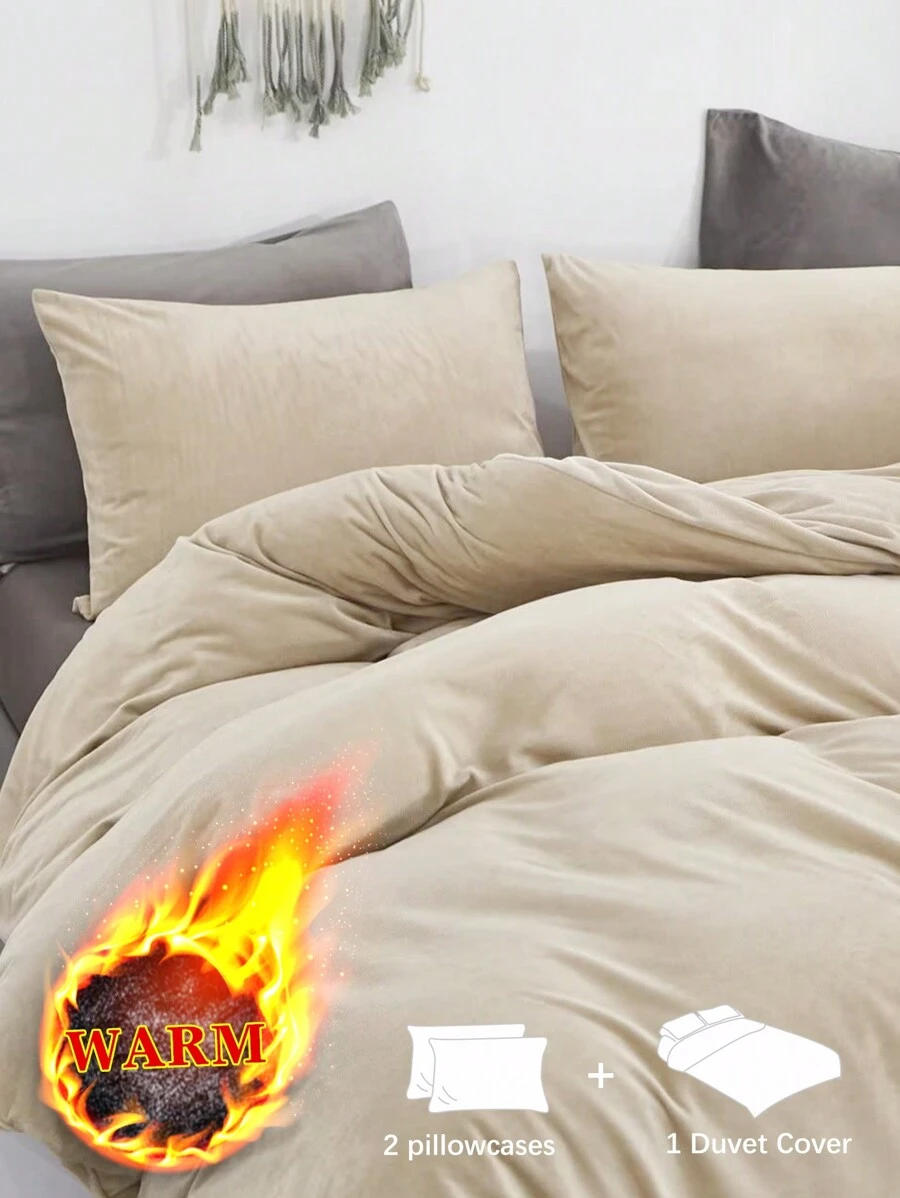 3pcs Beige Velvet Quilt Cover & Pillow Case Set, Twin/Full/Queen/King Size, Warm For Autumn/Winter