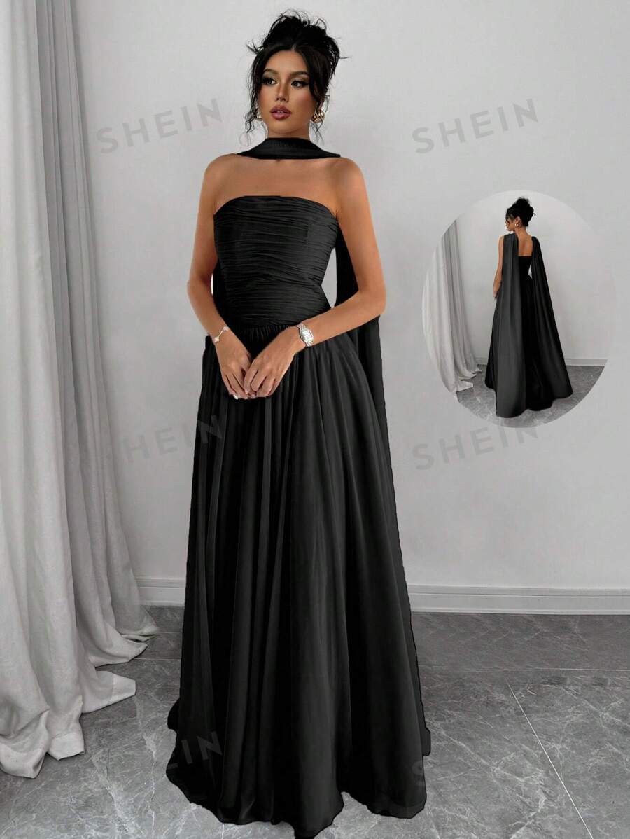 Elenzga Vestido largo de mujer con cuello halter fruncido de unicolor, elegante y de moda