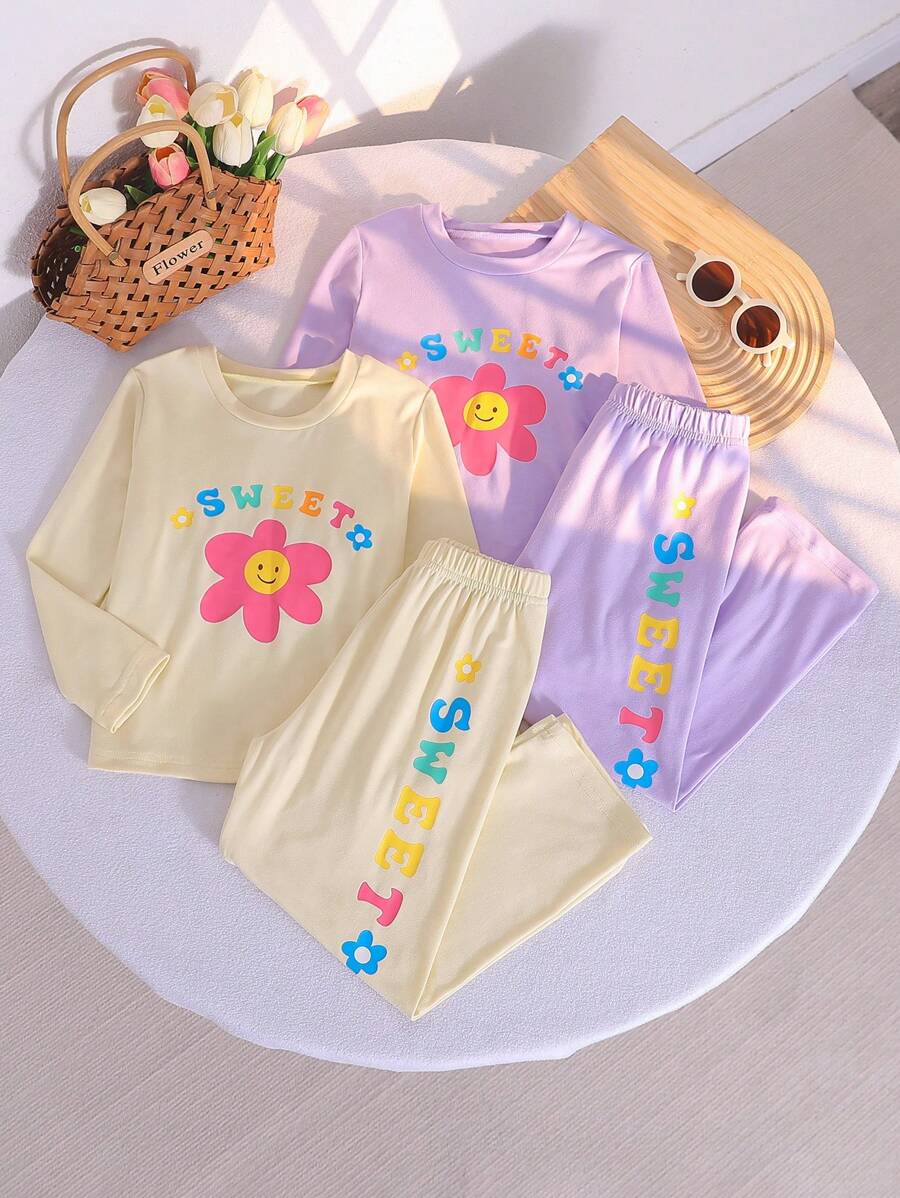 4-delige meisjes pyjamaset met bloemenprint, comfortabele ronde hals en lange mouwen