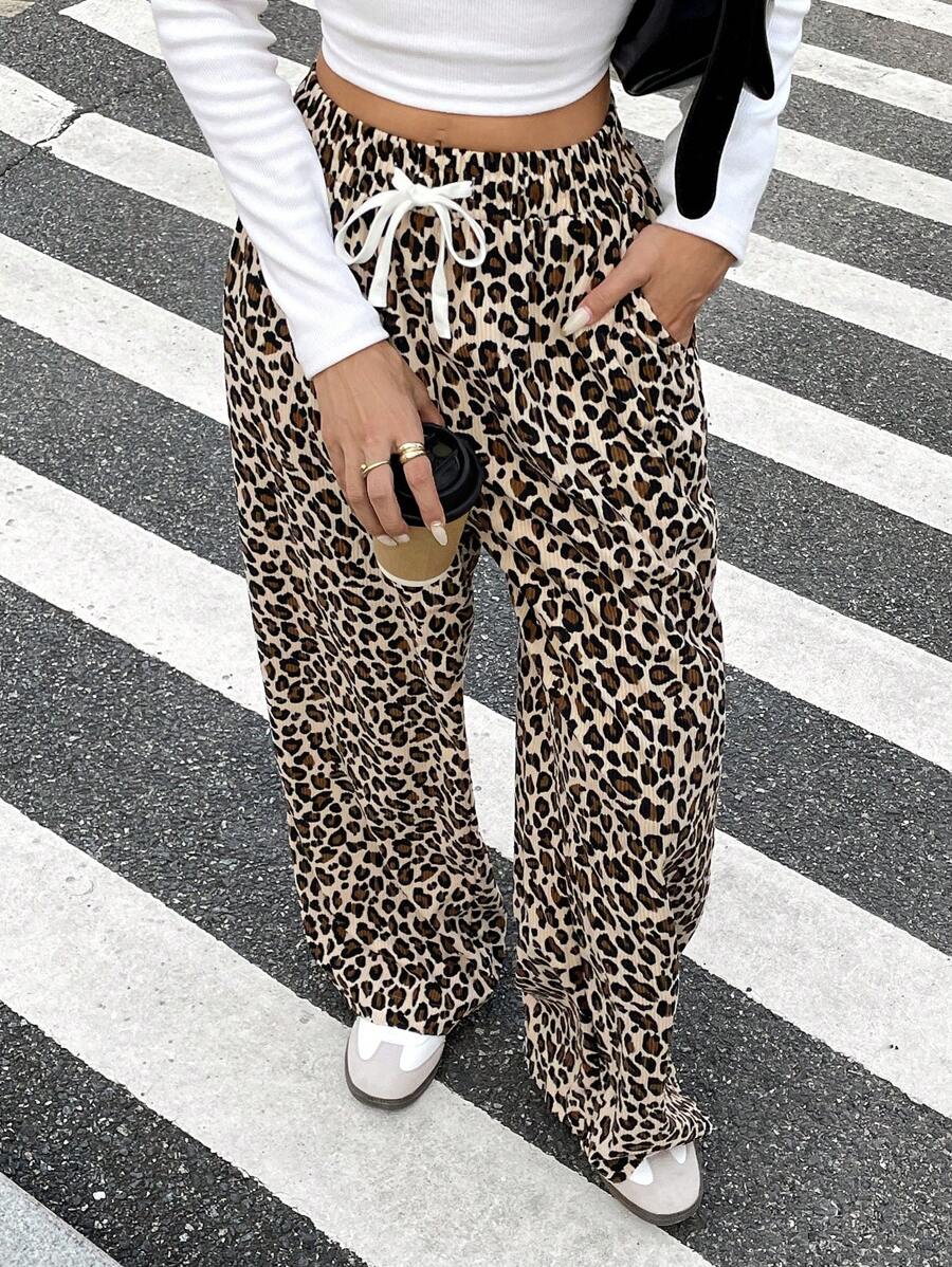 SHEIN Frenchy Pantalon casual à cordon de serrage imprimé léopard pour femmes en grandes tailles, simple et pour un port casual quotidien