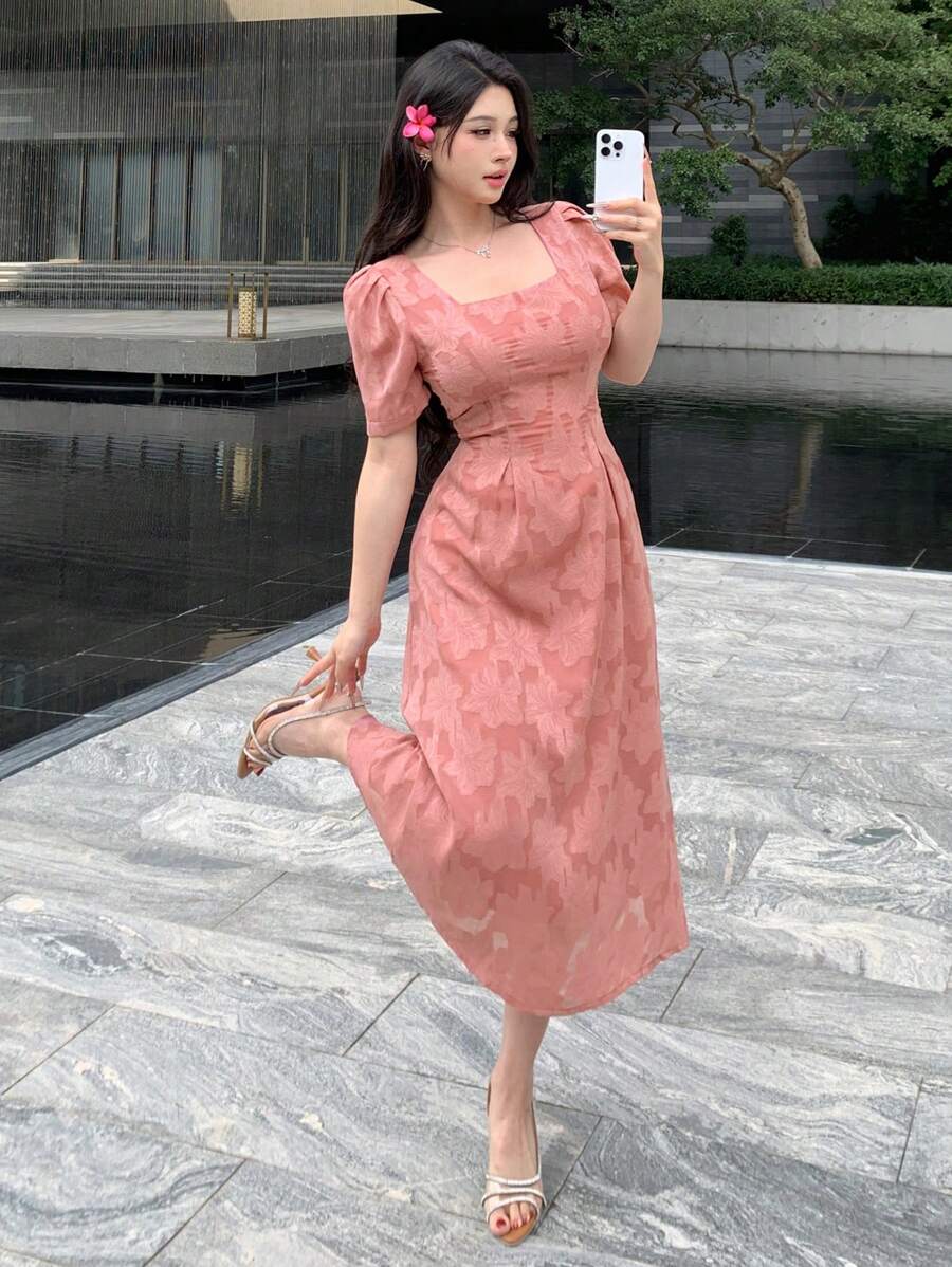 DAZY Lace Allover Floral Pattern Square Neck Mid-Long Dress For Women,Milkmaid Dress