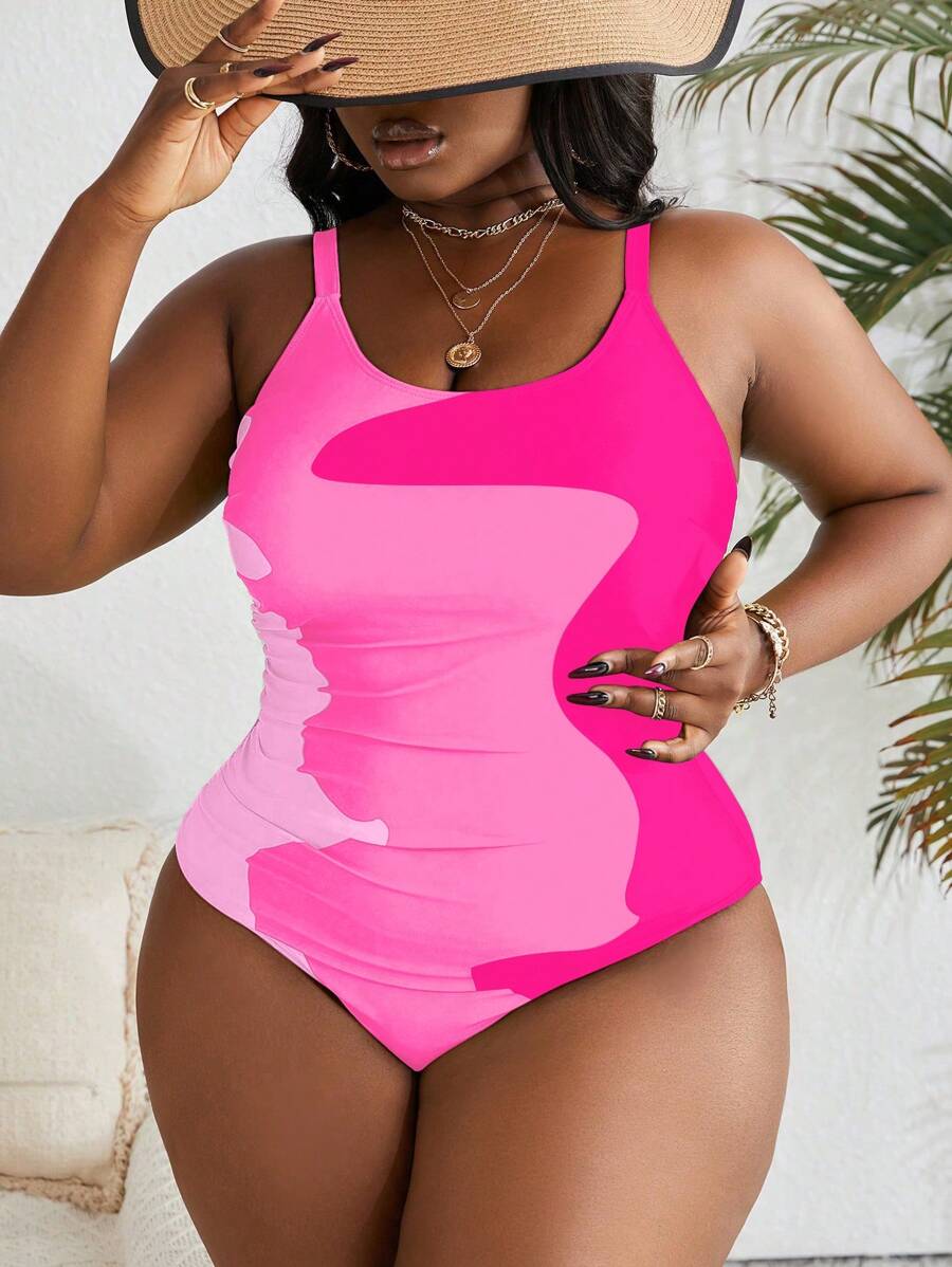 SHEIN Slayr CURVE Plus Size Solid Color Spliced Minimalist Casual One-Piece Swimsuit Summer