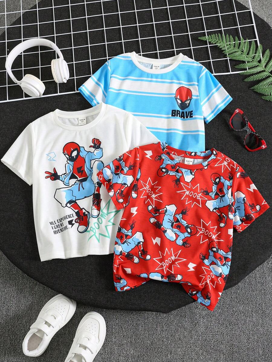 SHEIN Compra dos y llévate gratis. Camisa de punto de manga corta con cuello redondo suave y cómoda, de estilo casual y sencillo, práctica y versátil, adecuada para uso diario, la escuela, los viajes y los deportes, en primavera y verano, para niños pequeños.