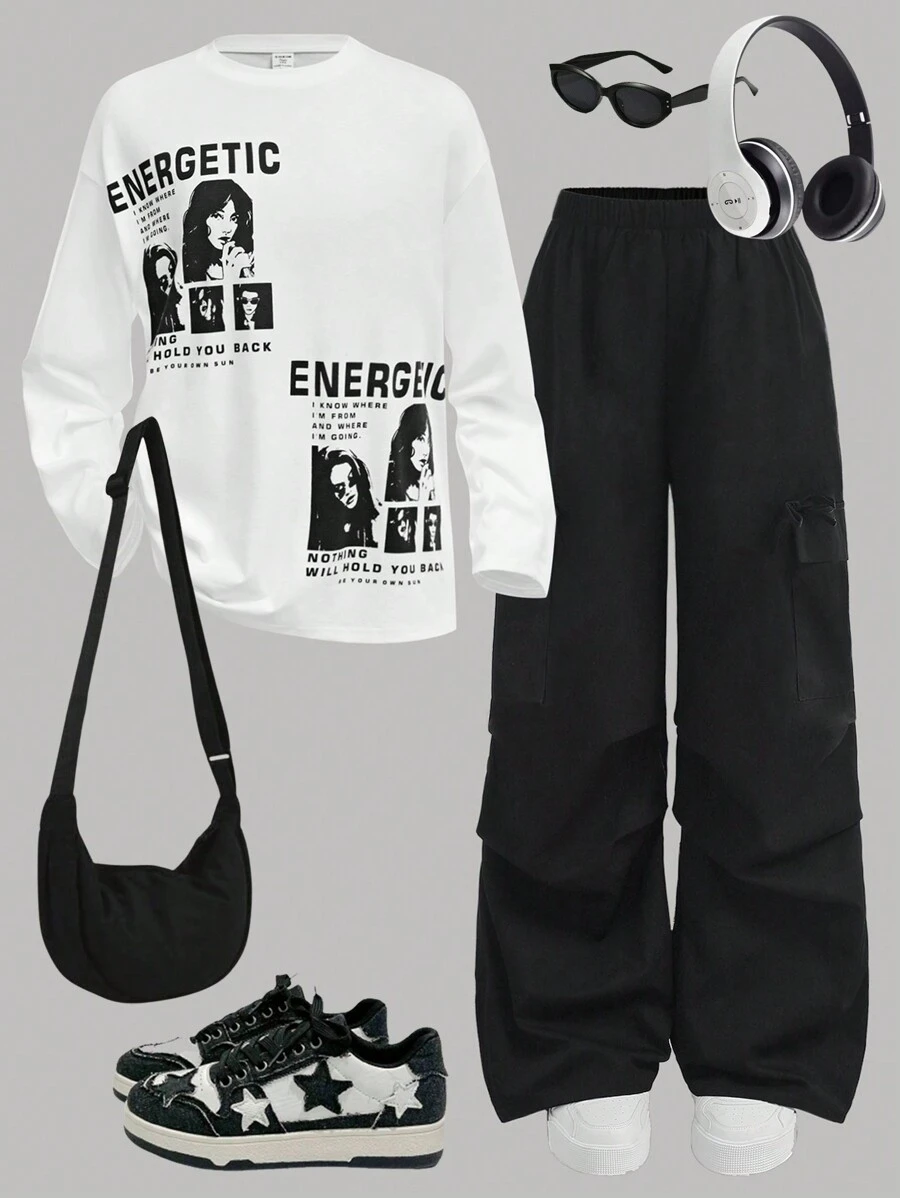 SHEIN Girlism Teen Girl's 2 Pieces/Set Spring, Autumn, Leisure Sports, Street Fashion Character Print 3D Oversized Off-Shoulder Long-Sleeved T-Shirt And Overalls, Wide-Leg Pants, Trousers