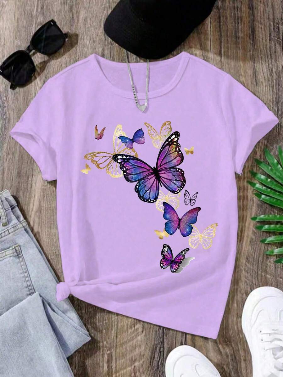 GraphicGems Tween Girl Butterfly Print Round Neck Short Sleeve Casual T-Shirt