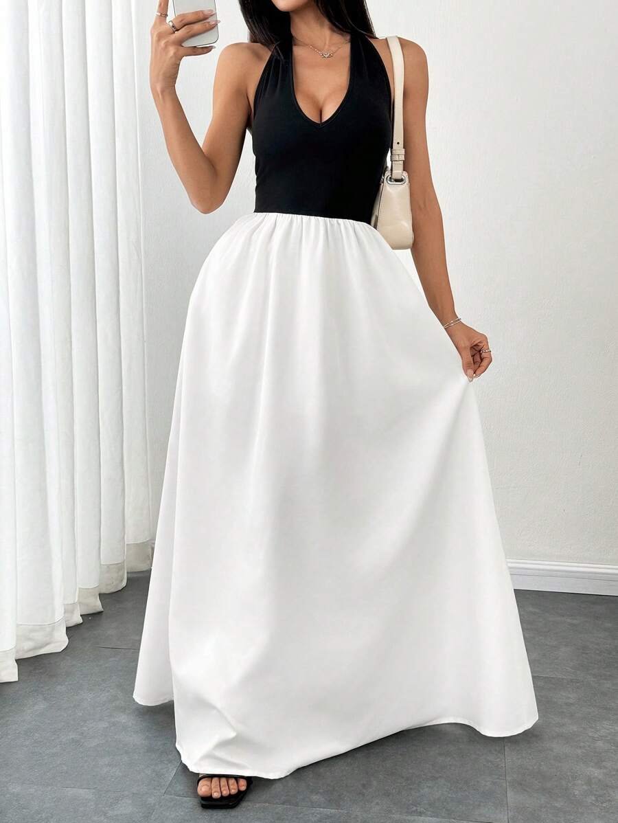 Flirla Robe trapèze noire avec insert en tricot à col montant, patchwork en tissu blanc tressé plissé, poches. minimaliste élégante pour le quotidien, le travail, les invités de mariage, la remise des diplômes, le printemps, l'été, pour femmes