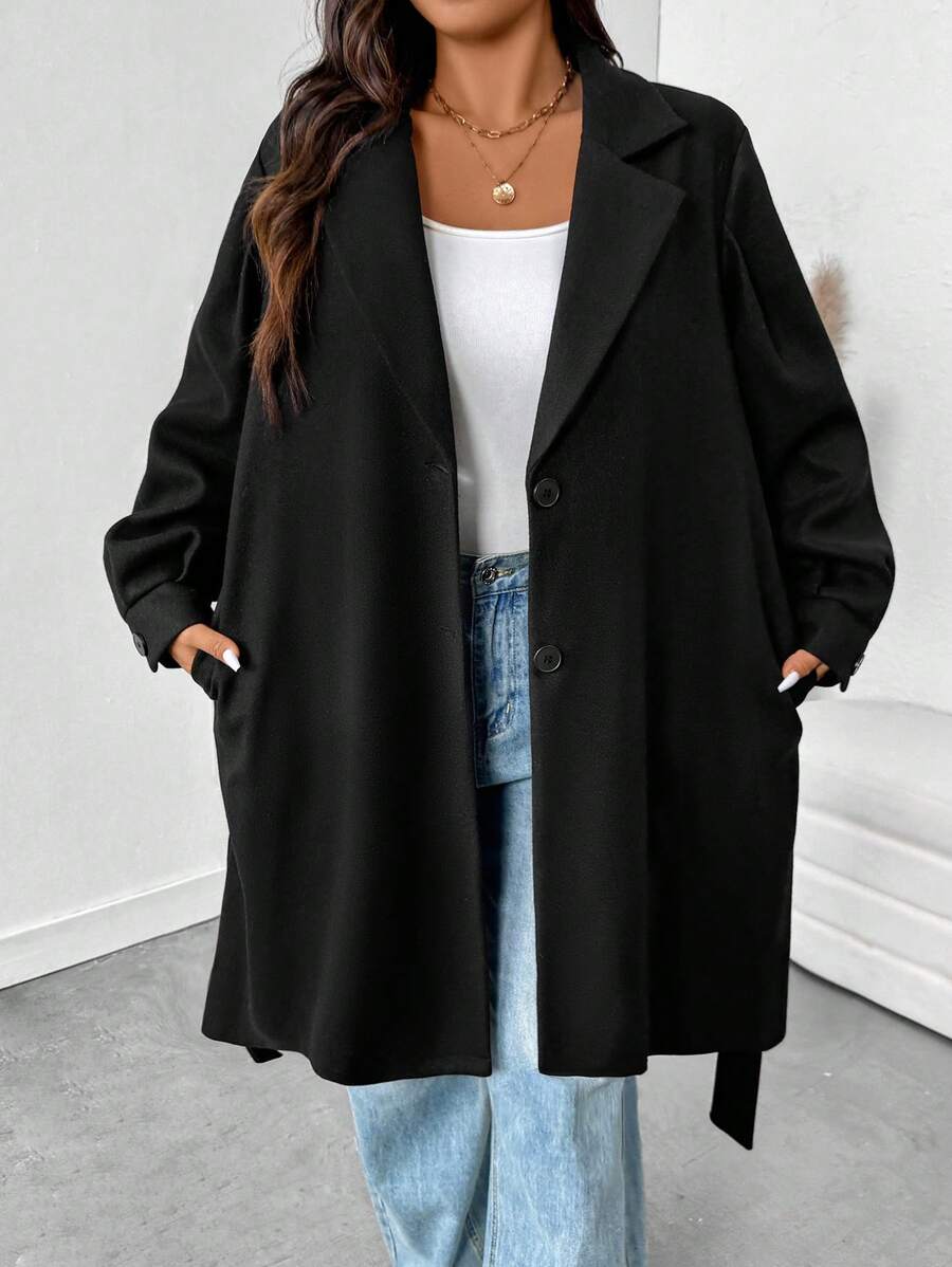 SHEIN Essnce Plus Size Women Jesień I Zima Moda Swobodna Luźna Wygodna Talia Czarny Podstawowy Klasyczny Długi Rękaw Długi Wełniany Płaszcz, Zimowe Stroje Damskie, Stroje Damskie Zachodnie, Ciepłe Płaszcze Damskie, Kurtka Zimowa, Czarny Płaszcz, Płaszcze Curve