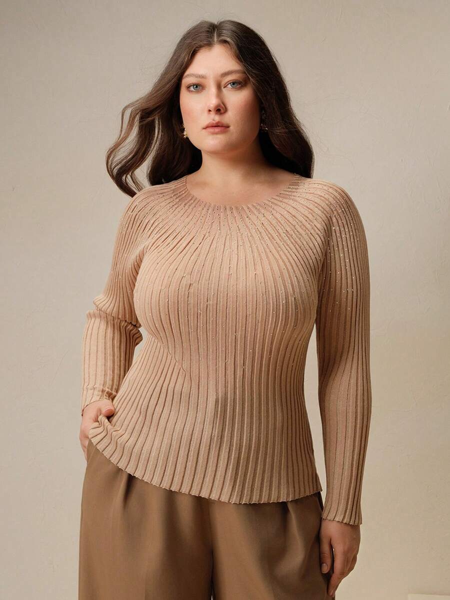 Anewsta pull à col rond à manches longues pour femme, avec strass, tricot côtelé. Couche de base élégante pour tenue de Nouvel An, automne/hiver