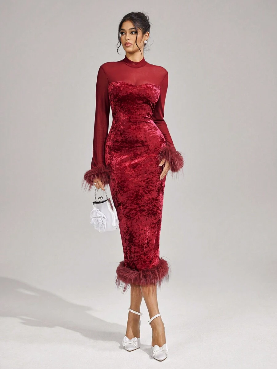 SHEIN Belle Vestido de cóctel elegante de cuello alto con contraste de malla, puño de peluche y ajuste ceñido, para uso en fiestas de vacaciones. Vestido elegante de princesa y celebridad de internet, popular para uso diario con efecto estilizador de cintura y cadera, adecuado para cenas formales, fiestas de baile, Navidad, Año Nuevo, San Valentín, boda y primavera.